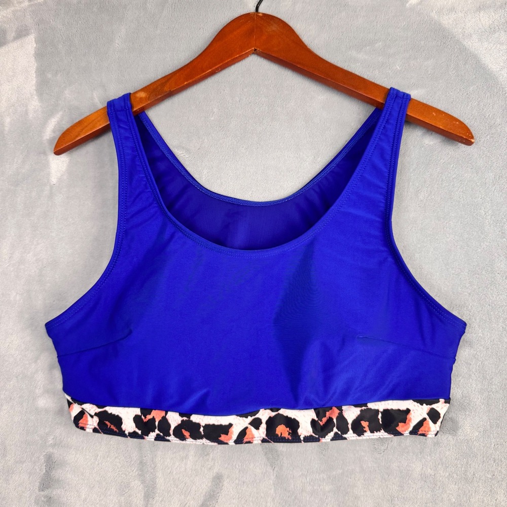 Bikini Top Women 2XL Blue Sleeveless Leopard Print‎ Trim Scoop Neck Swimwear